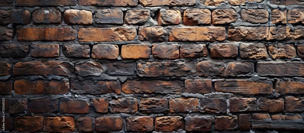 Fototapeta premium A detailed view showcasing numerous bricks in a brick wall, a common building material consisting of composite materials like stone and rock.