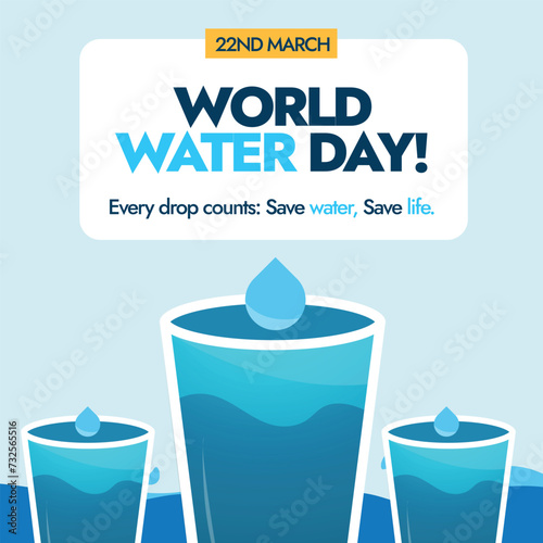 World Water Day. March 22, World water day, every drop counts save water, save life. Water day conceptual banner, post, card design with three glasses of water.