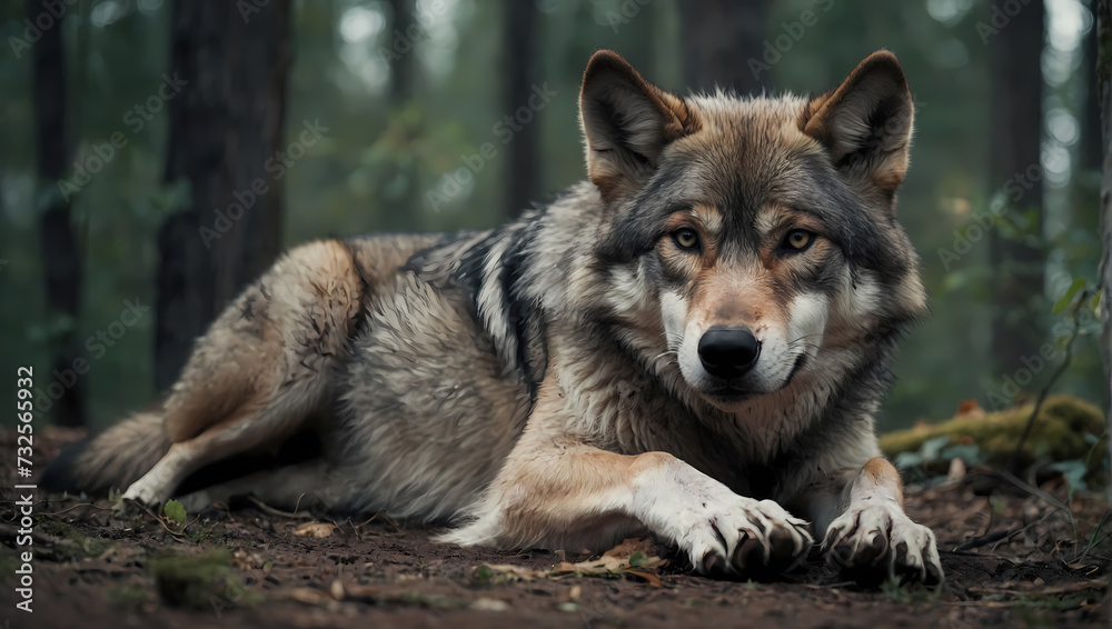 A close-up of a wolf lying on the ground, front paws outstretched, and attentively observing the camera. 