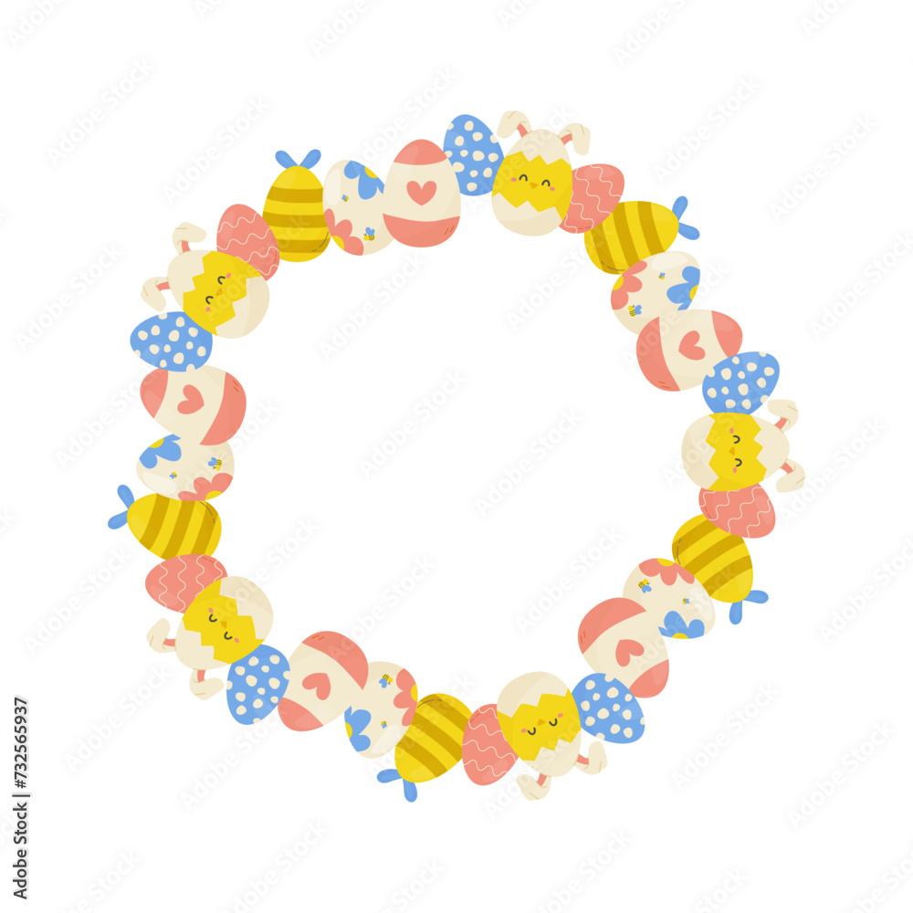Easter eggs round frame, ornament, spring. On white isolated background. For your postcard design, invitations, congratulations Easter eggs round frame, ornament, spring. On white isolated background. For your postcard design, invitations, congratulations