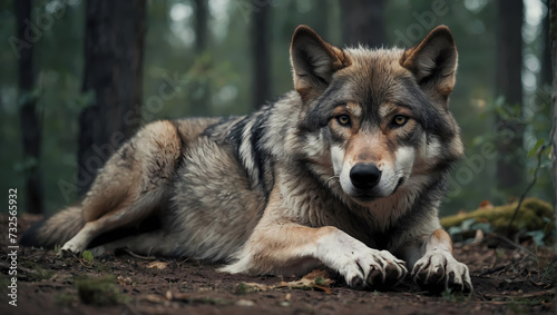 A close-up of a wolf lying on the ground, front paws outstretched, and attentively observing the camera. 