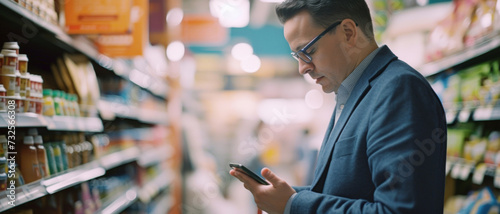 Focused man checks shopping list on phone amidst grocery aisle