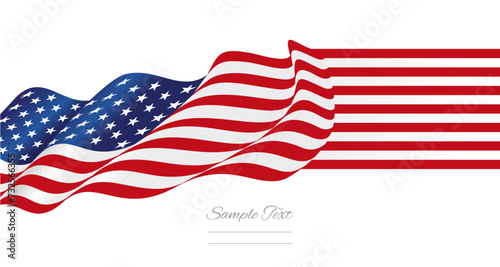 Wavy USA flag transformed into a flat flag. USA holiday landscape banner on white background