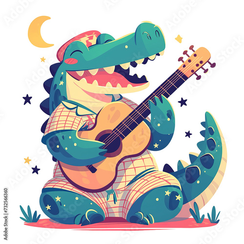 Cute Cartoon Crocodile Playing Guitar in a Hat and Starry Night Sleepwear, for t-shirts, Children's Books, Stickers, Posters. Vector Illustration PNG Image