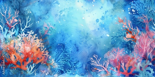 Vibrant watercolor painting of a coral reef in shades of blue and red, depicting an abstract underwater scene. Blue ocean wallpaper.