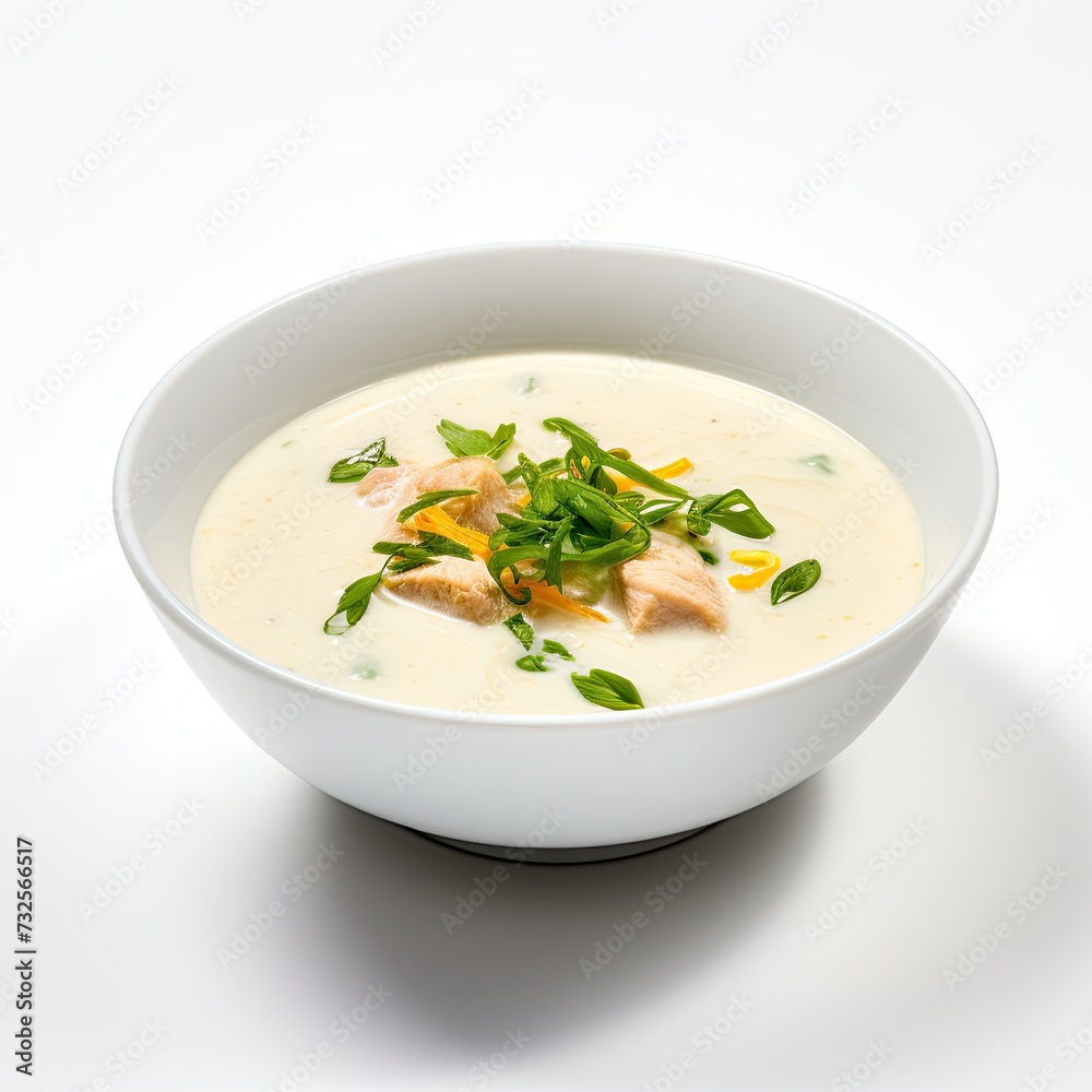 Cream soup with chicken isolated on white background Cream soup with chicken isolated on white background
