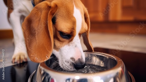Thirsty Dog Drinking Water from Kitchen Bowl.
