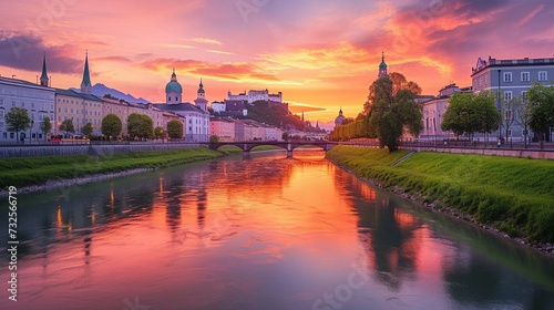  Panoramic summer cityscape of Salzburg, Old City, birthplace of famed composer Mozart. Great sunset in Eastern Alps, Austria, Europe.