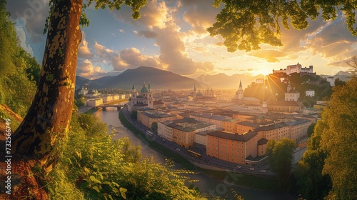  Panoramic summer cityscape of Salzburg, Old City, birthplace of famed composer Mozart. Great sunset in Eastern Alps, Austria, Europe.