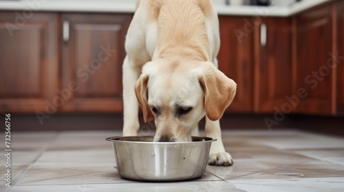 Thirsty Dog Drinking Water from Kitchen Bowl.