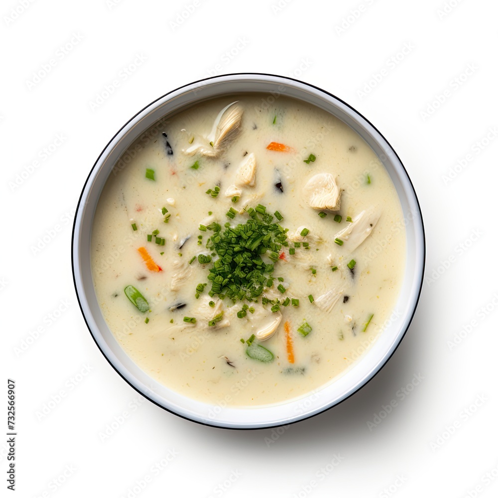 Cream soup with chicken isolated on white background