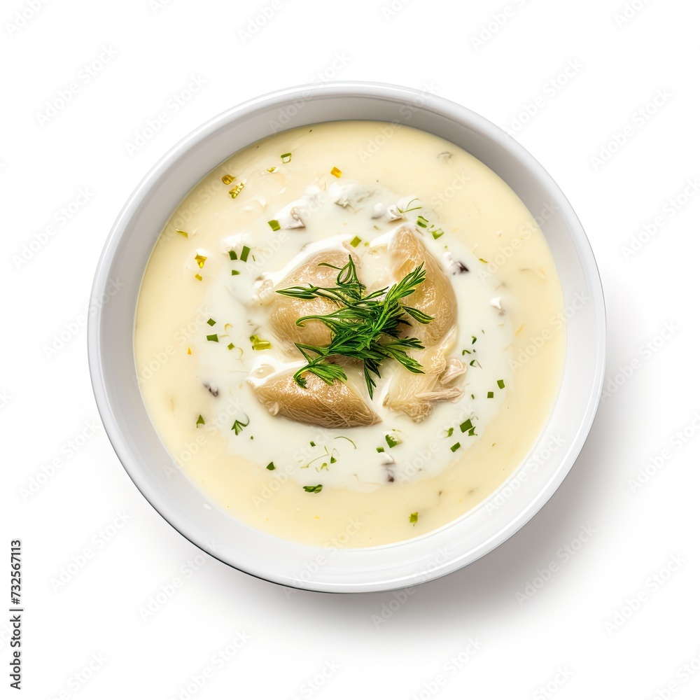Cream soup with chicken isolated on white background Cream soup with chicken isolated on white background