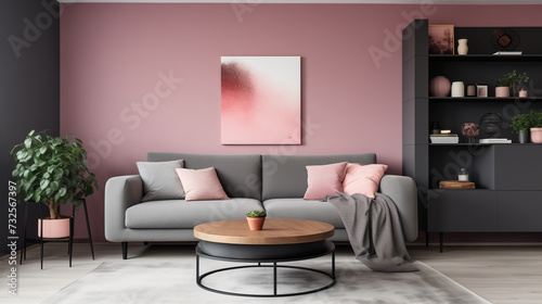 Modern Living Room with Dusty Rose Wall, Elegant Grey Sofa, and Wooden Accents