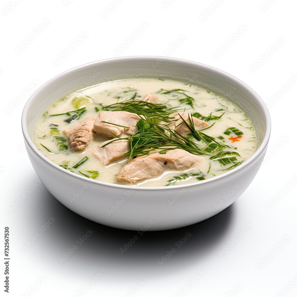 Cream soup with chicken isolated on white background Cream soup with chicken isolated on white background