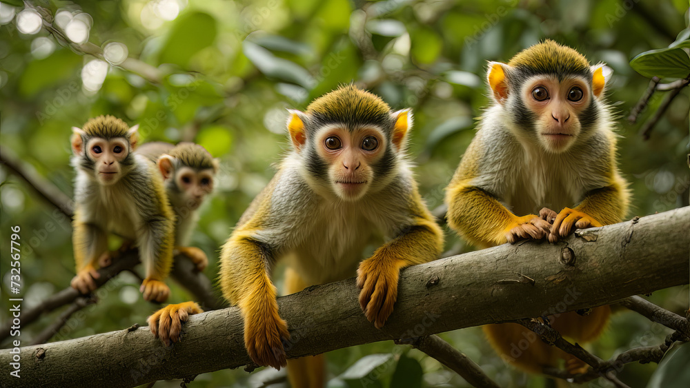 Fototapeta premium Squirrel Monkeys in their natural Amazon Rainforest Environment, created with Generative AI technology