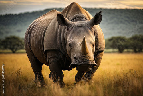 Picture of the fontal View of a Large White Rhinoceros in Open Field, created with Generative AI technology