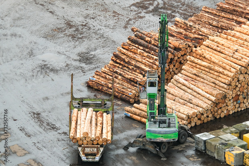Industrial Timber Operation with Forklift Stacking Logs