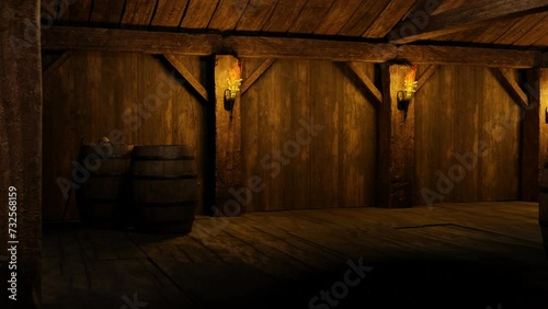 Old tavern inside. There is a skull on the barrel, and a sword standing next to it. 3D animation.

