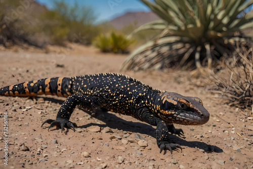 A close-up of a Gila monster lizard crawling on the ground with its front legs moving  attentively observing the camera.