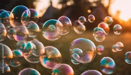Soap bubbles floating in the air, illuminated by the golden hues of a sunset.