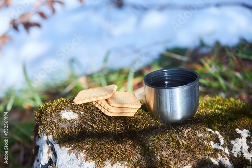A cup of hot tea and cookies lie on a stone covered with moss. There is snow in the background. A snack on the trip photo