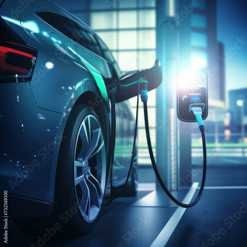 Electric vehicle charging station with renewable energy supply. Modern automotive technology. AI generative.