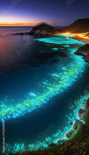Bioluminescent Bay, Nature, Water, Night, Glow, Glowing, Natural Phenomenon, Marine, Luminescence, Biofluorescence, Spectacular, Beauty, Lagoon, Tropical, AI Generated