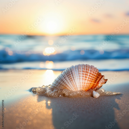 Close-up of a small seashell on the beach with a blurred sea and bokeh background. AI generative.
