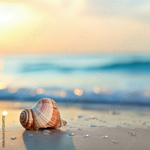 Seashell resting on the sandy beach with a softly blurred sea and bokeh backdrop. AI generative.