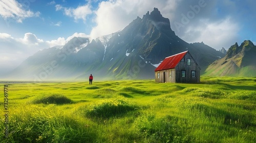  Tourist on the green meadow with old wooden ranch. Majestic morning scene of Stokksnes headland, Iceland, Europe.