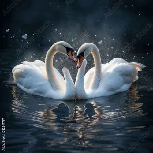 Symbolic and serene scene of swans forming a heart in calm water, evoking romance. AI generative.