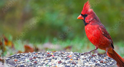 Red male Cardinal Bird Sits On Log In Autumn With Green Foliage Background