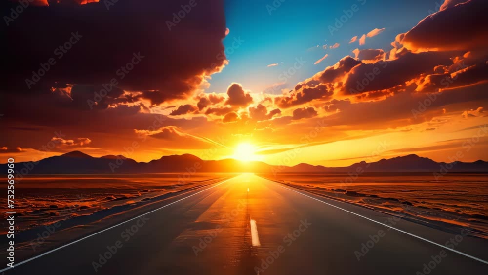 Empty road with beautiful sunset sky abstract background. Travel vacation and freedom concept. Generative ai.	

