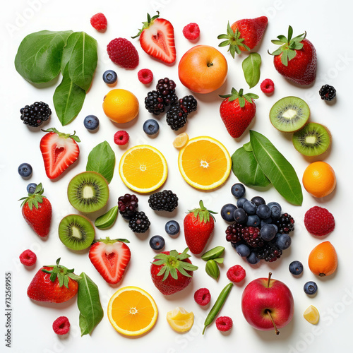 Vibrant mix of fresh fruits, vegetables, and berries arranged on white backdrop. AI generative.