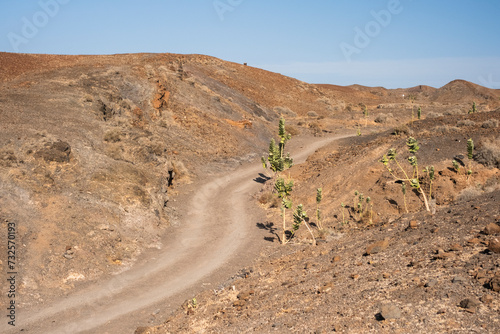 Carretera sin asfaltar entre montañas. Paisaje desértico. Fuerteventura, Canarias