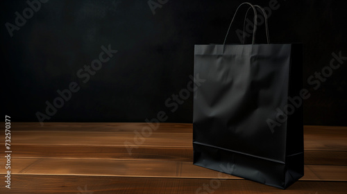 Sleek Minimalism: Black Paper Bag Mockup on Wooden Table with Dark Background, Minimalist Design