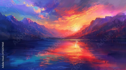 Vibrant sunset over a serene lake, with colorful reflections shimmering on the water