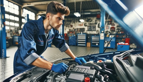 mechanic is focused on working under the hood of a car in a well-equipped garage, symbolizing automotive repair and maintenance.