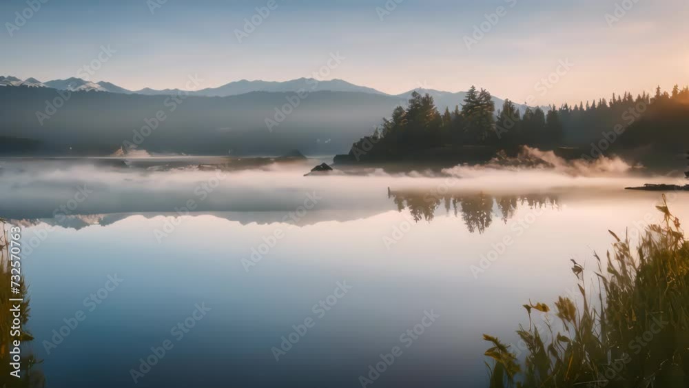 Moutain and lake with fog abstract background. Generative ai. Moutain and lake with fog abstract background. Generative ai.