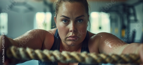 A fat woman training with ropes in a crossfit gym in determination and physical strength. Woman in intense movements dedicating herself to physical conditioning.