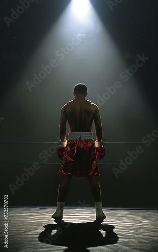 A boxer stands ready in the ring, spotlight overhead, determination before the match,dark background