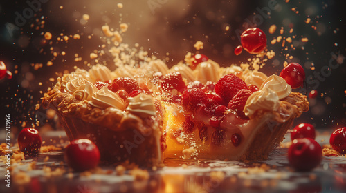 Macro photography of Cherry pie slice missing from table plant tree art