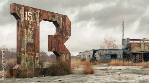 A photorealistic snapshot of a giant monument, constructed from rusted metal, located on an abandoned industrial site  photo