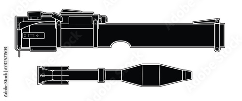 Vector illustration of Light Anti-tank Weapon (LAW) M72 Bazooka, folded for transport and the rocket. Black. Right side. photo