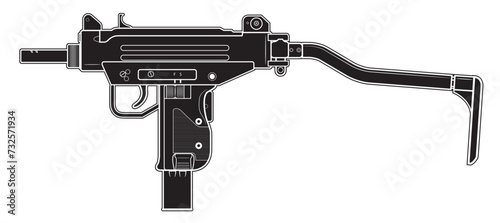 Vector illustration of the MICRO UZI israel machine gun with unfolded stock on the white background. Black. Left side.