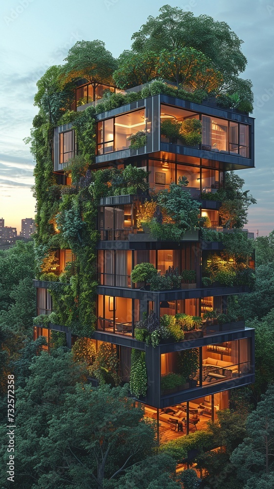 Close to trees is a contemporary residential structure. Urban ecology and green lifestyle