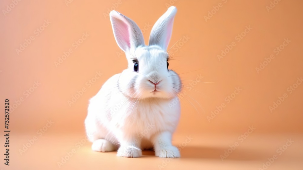 A white rabbit on a peach fuzz background , the concept of an Easter holiday A white rabbit on a peach fuzz background , the concept of an Easter holiday