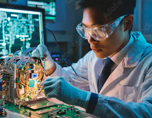ラボで電子回路基板の動作チェックを行うエレクトロニクス系技術者