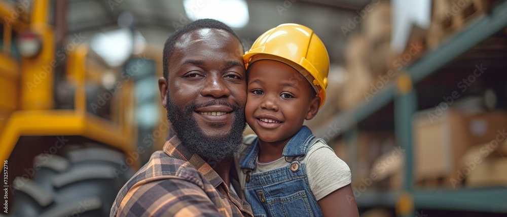 An African adult male father, donning a hard safety cap, is happy to be teaching his kid how to operate a tractor in the warehouse of his own company. - obrazy, fototapety, plakaty 