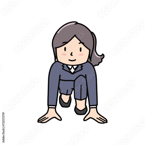 スタートラインでスタンバイするスーツ姿の女性イラスト